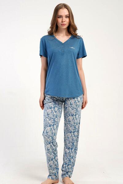 KEZOKİNO Women's Short-Sleeved Half-Button Blue Pajama Set Relaxed Cut Summer...