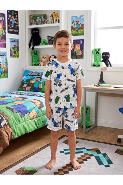 tusem butik homewear Dečačka pamučna bela letnja pidžama sa geometrijskim uzo...