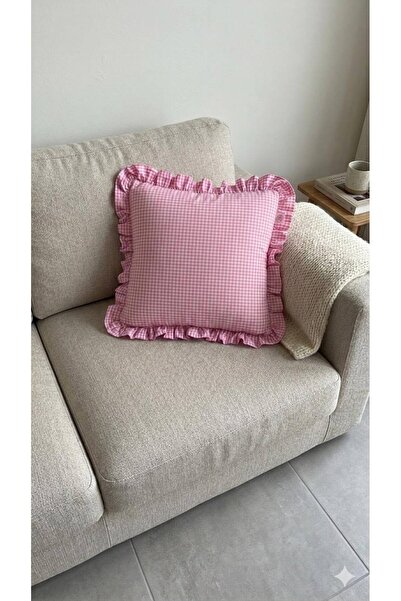 BN ÇAKİ Vintage Pötikareli Fırfırlı Bohem Kırlent Kılıfı Pembe 43x43