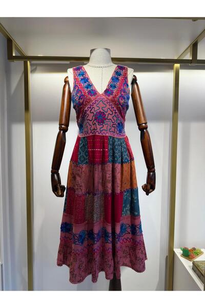jasminurgancy İthal Pembe Patchwork Tasarım Otantik Standart Beden Elbise