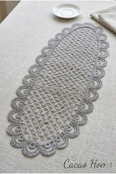 cacao home Fransız Dantelli Örme Tabanlı Tek Runner Masa Örtüsü 35x110 Cm Mas...