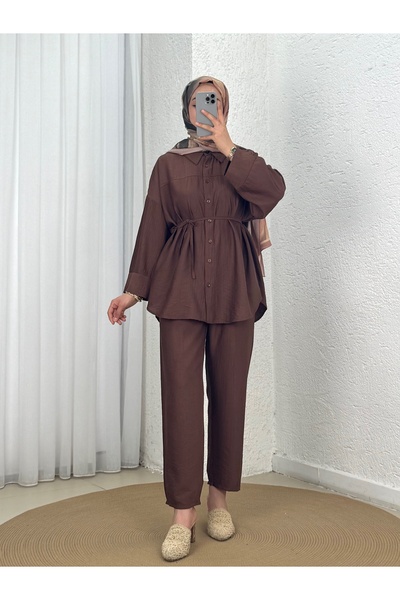 MİHRA STORE Adar Ön Robalı Pantolonlu Çilek Takım-AS517 Kahve