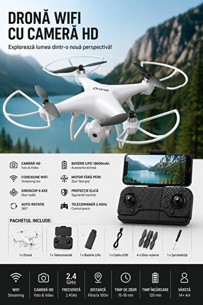 OEM Dronă cu Cameră HD WiFi, Transmisie Live pe Telefon, Giroscop 6 Axe, Tele...