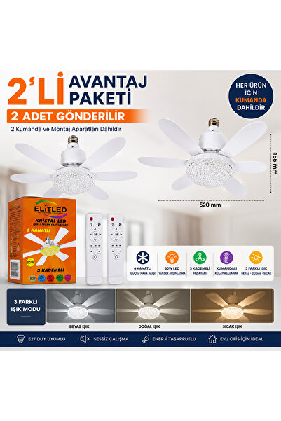 DoruCO 2 Adet ELITLED Kristal LED Işıklı Tavan Vantilatörü 6 Kanatlı Kumandal...
