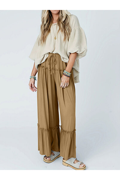 Take Two By Styli Beige Drawstring Waist Ruffle Detail Wide Leg Pants