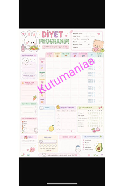 Kutumania Sevimli Tasarımlı Diyet Planner Haftalık Menü ve Hedef Takip Formu
