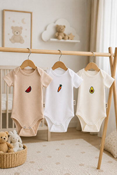 KARAMİLA 3-Piece Unisex Embroidered Baby Bodysuit, 100% Cotton Soft Textured ...
