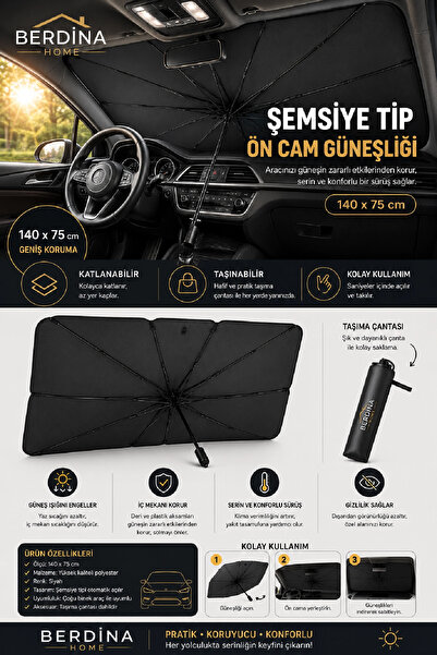Berdina Home Araba Ön Cam Güneşliği Şemsiye Tip Katlanabilir Oto Cam Güneşlik...