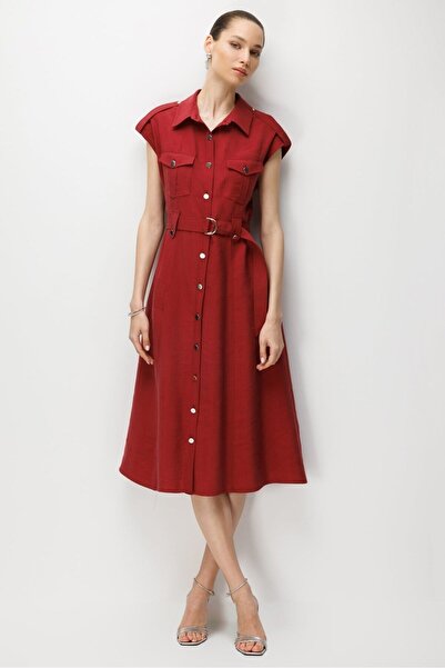 Moda İlgi Belted Waist Midi Dress 60134 Bordo