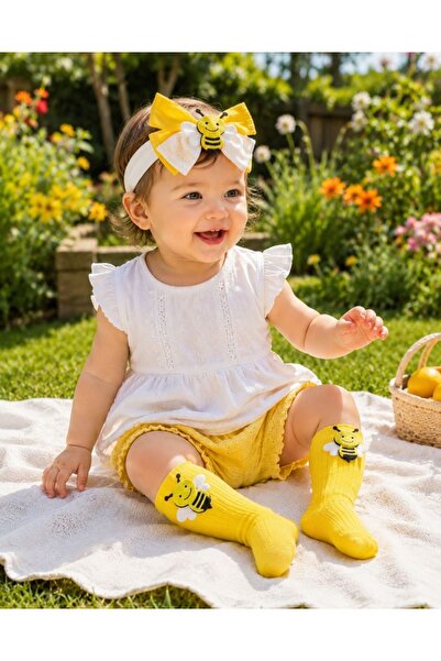 ÖZKARDEŞLER BABY bebek ve çocuk diz altı çorap ve bandana Arılı set