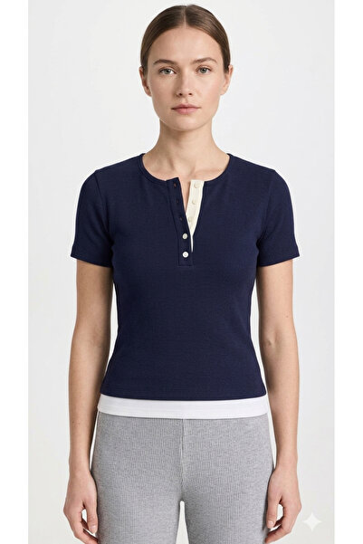 Chicup Aura Women's Navy Blue Buttoned Ribbed Knitted Blouse