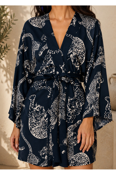 XICCOO Lacivert Leopar Desenli Kuşaklı Mini Kimono Elbise