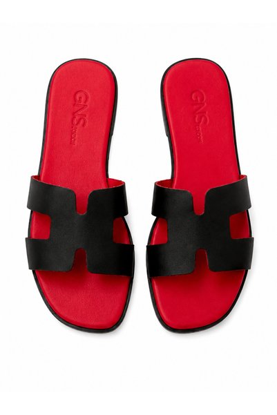 GNS Shoes شبشب نسائي من الجلد الطبيعي باللون الأحمر والأسود من HELEN