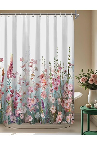 OEM Draperie de duș impermeabilă florală din poliester roz 180x180 cm