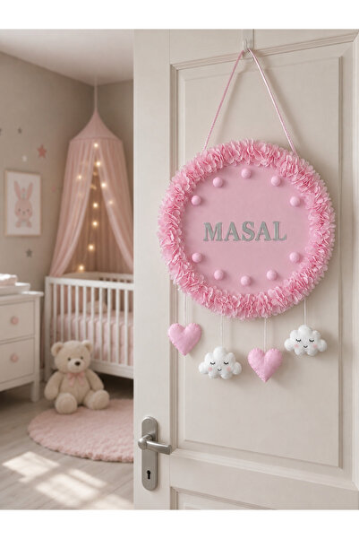 SefDen Lazer Kesim Atölyesi İsme Özel Bebek Odası Kapı Süsü Pembe Çiçekli Pon...