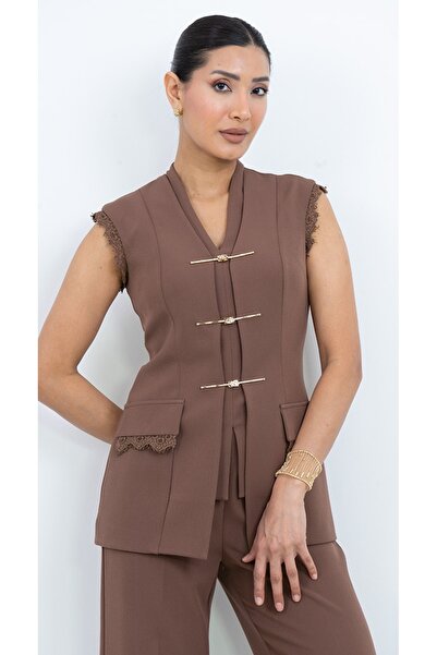 Dorne Moda Özel Seri Kruvaze Aksesuarlı Dantelli Abiye Pantolon Yelek Takım -...