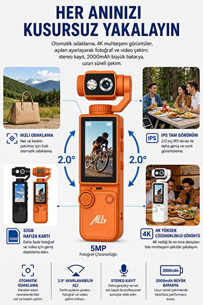 Ally Q8 PocketPro 4K Ultra HD Dijital Aksiyon ve Vlog Kamerası