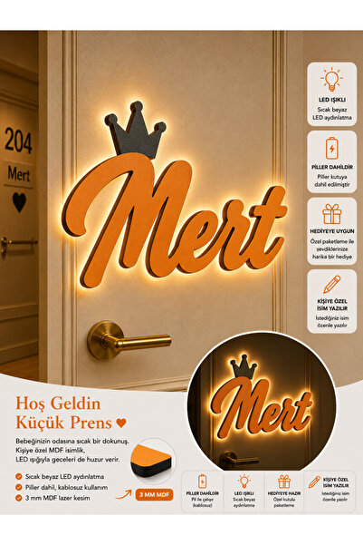 baskigo.com Kişiye Özel İsimli LED Işıklı Ahşap İsimlik Bebek Odası Duvar Dek...