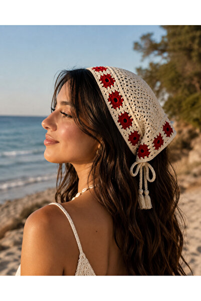 Kırmızı Örgü Bohem Saç Bandanası - Çiçek Motifli Bağlamalı Yazlık Kadın Bandana
