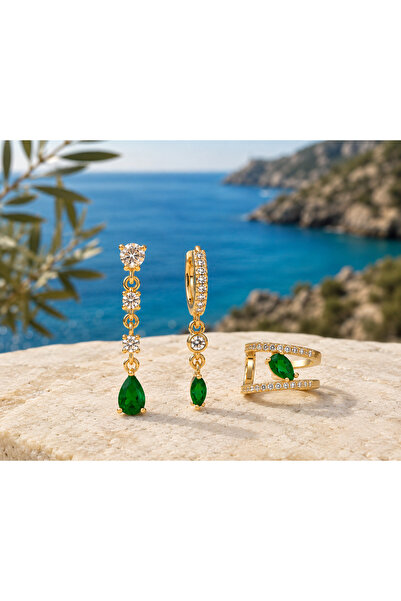 Shinestar atelier Zümrüt Yeşil Taşlı Gold Gümüş Çelik Kadın Küpe Seti | Mare ...