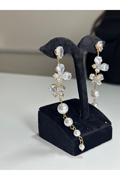 ROYAL SPARK Zircon Stone Butterfly and Pearl Detailed Long Earrings