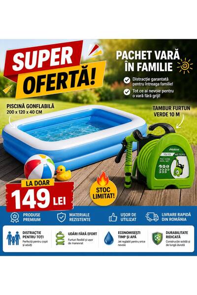 OEM PACHETUL VERII! Piscină Gonflabilă pentru Copii și Adulți + Furtun 10M CA...