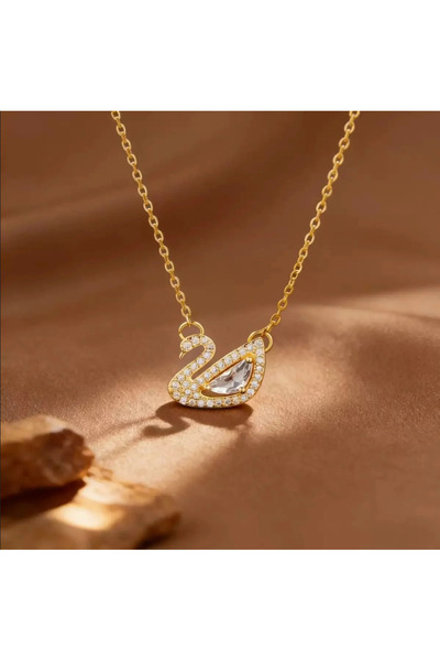 BlcGemStone Paslanmaz Çelik Kuğu Kolye - Zirkon Taşlı Gold Zincir Kolye (45 cm)