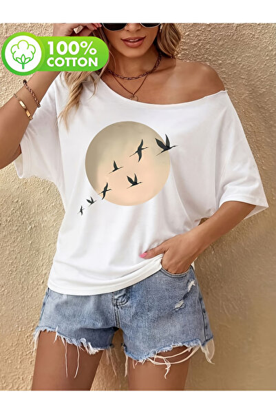OVER HEAD Tricou de damă cu imprimeu Moon And Birds, cu gât barcă și umeri go...