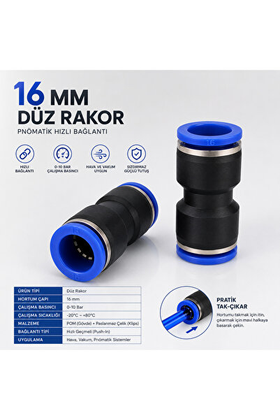 GENERAL 16 mm Düz Pnömatik Hortum Eki Hızlı Bağlantı Rakoru