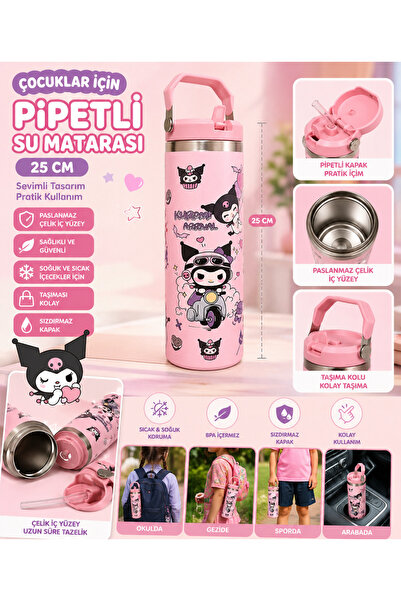 GIFT Kuromi Temalı Pipetli Çocuk Su Matarası 25 CM Paslanmaz Çelik İç Yüzeyli...