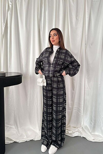 Caddebostan Moda طقم نسائي مكون من سترة بومبر منقوشة بسحّاب وبنطلون واسع الساق