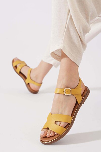 Moda Pie Resela Women's Genuine Leather Sandals with Side Windows, Yellow Skin