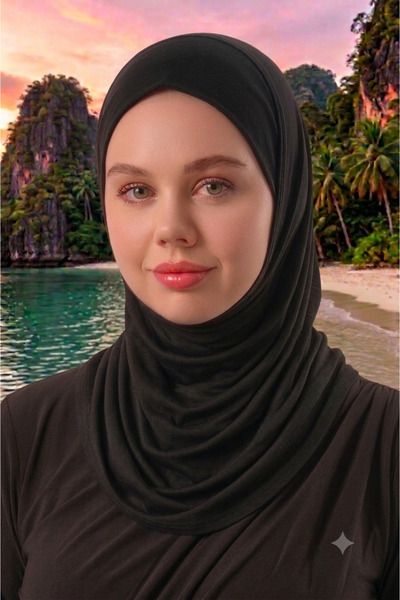 Melodi Scarf Kadın Tesettür Yüzücü Bone - Deniz Havuz Bonesi - Hijab Spor Bone - Boyunluklu Ninja Bone Siyah