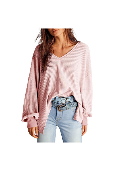 OEM Bluza oversize pentru femei V-neck, tricotată, lejeră, roz pal M