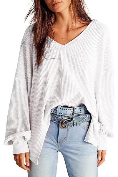 OEM Bluza tip waﬄe pentru femei oversize cu decolteu în V, mânecă lungă, tric...