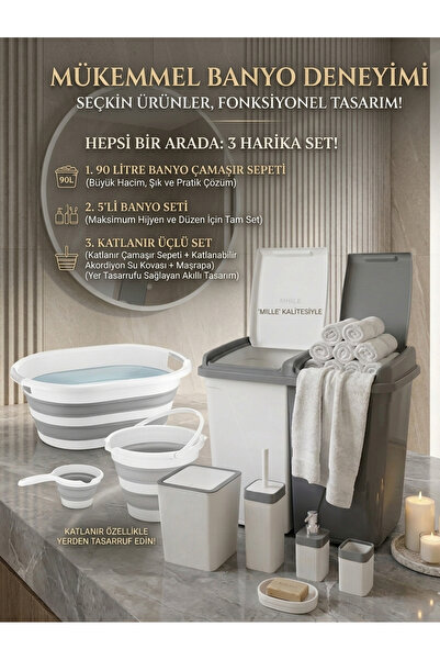 3’lü Harika Banyo Seti 90 Lt Çamaşır Sepeti + 5’li Banyo Seti + Katlanır Üçlü Set Gri Beyaz