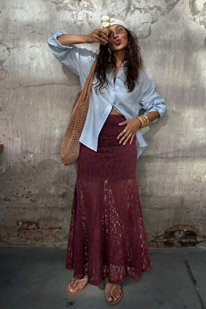 Yefrastore Kadın Bordo Güpür Dantel Uzun Etek İçi Mini Astarlı Maksi Boy