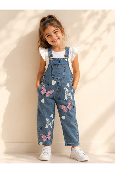 emir baby Butterfly Patterned Girls' Denim Salopet Jumpsuit