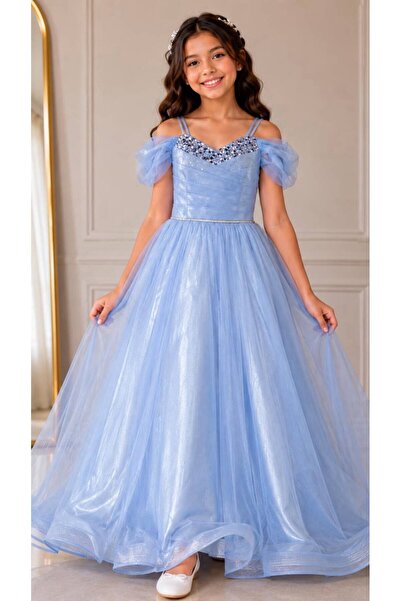 ESKİŞEHİR YUMURCAK Girl's Blue Sequined Evening Dress Graduation Dress