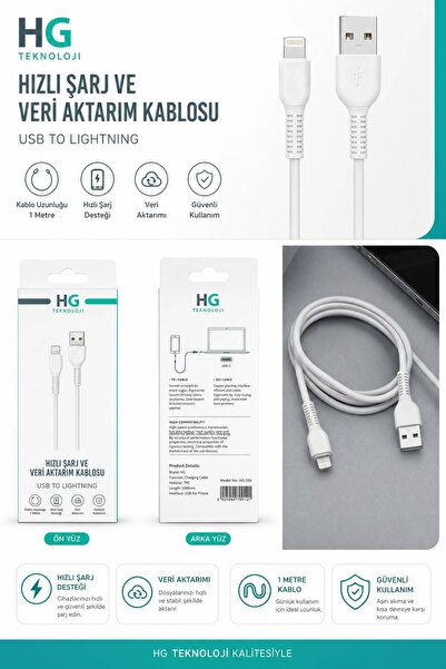 HG TEKNOLOJİ USB-C to iPhone Lightning 1.8m MFI Lisanslı Şarj/Data Kablosu - ...