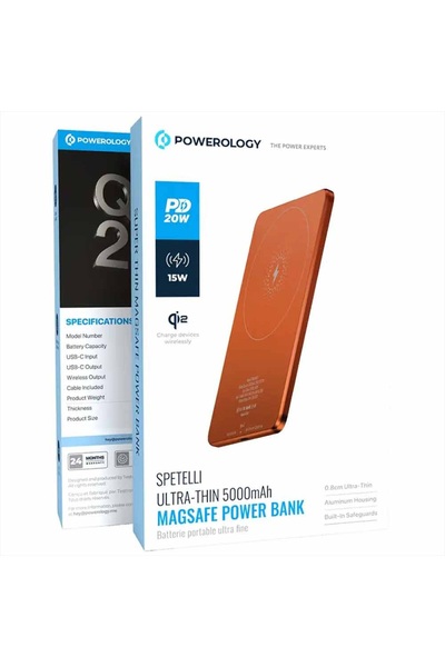 Powerology بنك طاقة MagSafe فائق النحافة بسعة 5000 مللي أمبير باللون البرتقالي
