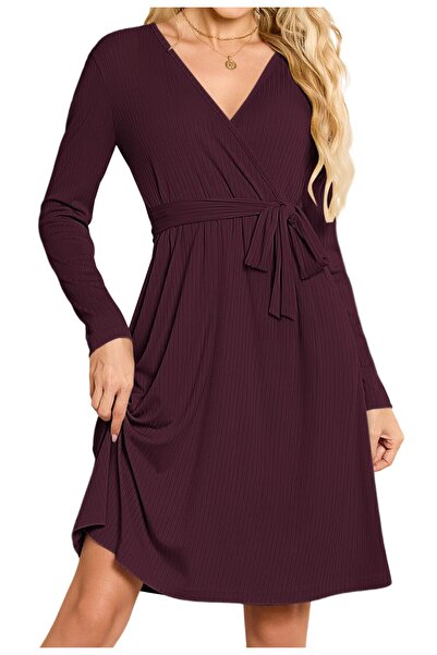 OEM Rochie tricotată de damă, cu mânecă lungă, decolteu în V, croială în A, c...