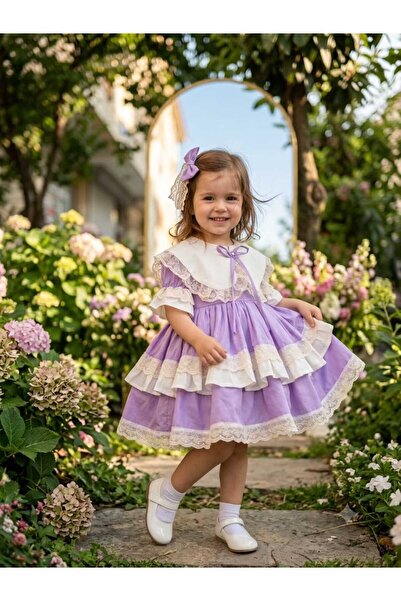 Sare Çocuk Giyim Kız Bebek Lila Krem %100 Pamuk Dantel Detaylı Doğum Günü Elb...