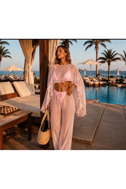 Mum Aşkı Pudra Pembe Transparan Plaj Takımı – Kimono ve Pantolon Set