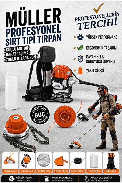 Pro Müller Alman Profesyonel Çelik Piston Sırt Tipi Benzinli Tırpan Ot Çalı Ç...