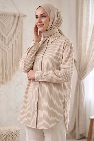 TOFİSA Çizgili Yanları Düğme Detaylı Tunik Krem - 1329-KREM