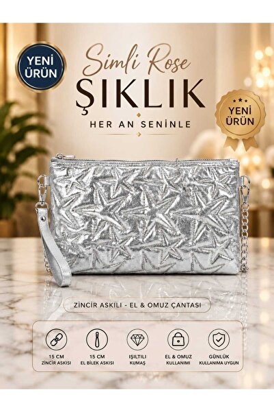 zemihra Simli Yıldız Nakış İşlemeli Portföy El Çantası Bilek Askılı Saten Ast...