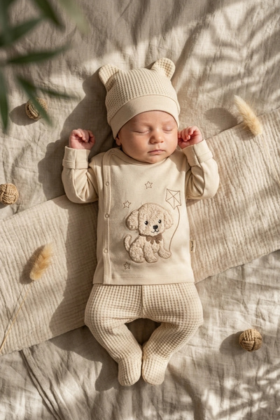 Generic Brand Coffee Puppy Embroidered 3-Piece Baby Set - 0-3 Months Cotton W...