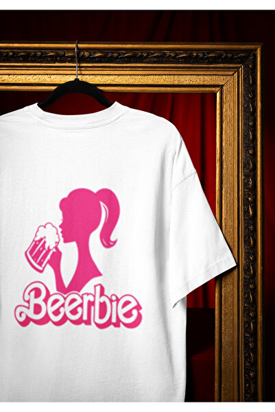 MG تي شيرت BEERBIE مطبوع برقبة دائرية من القطن بمقاس كبير للجنسين وأكمام قصيرة