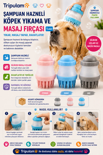 TRİPULAM Şampuan Hazneli Köpek Yıkama ve Masaj Fırçası – Silikon Evcil Hayvan...